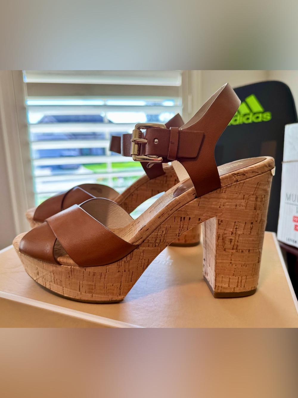 Michael Kors Brown Leather Cork Platform Sandals with Gold Buckle
